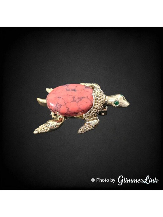 Gerry's Jewelry - Vintage 1960s Gerry’s Turtle Pink Stone Rhinestone Gold Tone Brooch